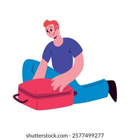 A man struggling to close his suitcase while preparing for a trip or vacation