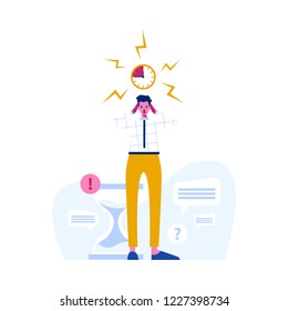Man struggling with deadline. Flat vector illustration. Stressed person at work