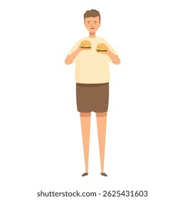 Man is struggling with a difficult food choice, holding two delicious burgers