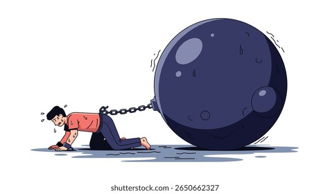 A man struggling to drag a heavy ball and chain hindering his progress and causing immense difficulty