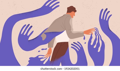 Man struggling with fear, social influence, control and manipulation. Concept of escaping from addiction and dependence. Colored flat textured vector illustration of man attached to creeping hands