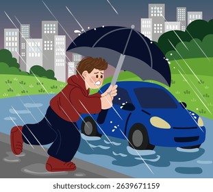 Man struggling to keep his umbrella up in heavy rain next to a car.