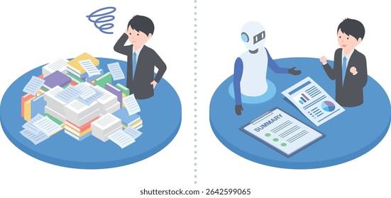 A man struggling with a large amount of documents and a man happy to have AI summarize them