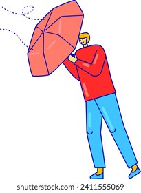 Man struggling with a large red umbrella on a windy day. Casual male figure in red and blue outfit coping with a gust. Weather challenges and daily life vector illustration.