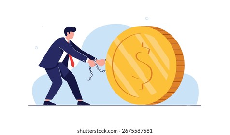 Homem lutando para empurrar uma moeda gigante até uma colina íngreme