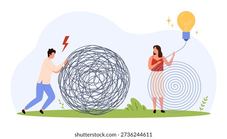 Man struggling with tangled lines while woman untangles and finds solution with lightbulb symbolizing creative teamwork and problem solving isolated vector illustration