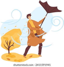 Man struggling with umbrella in strong wind, autumn leaves blowing, wearing jacket. Autumn weather challenge and windy day vector illustration.