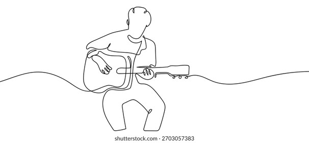 Un hombre está rasgueando una guitarra en una línea continua. Ilustración vectorial dinámica de diseño de dibujo de línea única