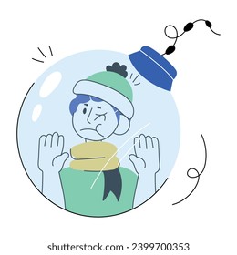 Man stuck in christmas bauble, doodle mini illustration