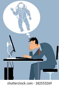 Man, stuck in a dead-end job, dreaming of a different, exciting career, vector illustration