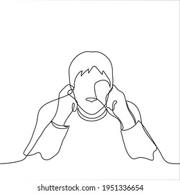 man stuck his index fingers into his ears - one line drawing. the guy does not want to hear noise or listen to unpleasant words