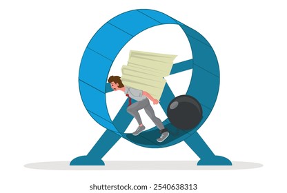 Man stuck in a work routine without results and progress, failed project. Businessman riding on a hamster wheel attached to an iron ball. vector illustration.