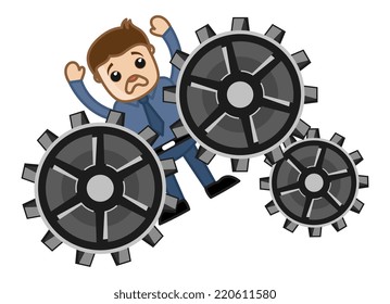 Man Stucked in Gears - Process Project - Vector Character Cartoon Illustration