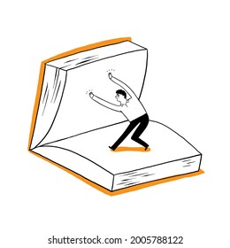 A Man, A Student Or A Businessman Is Flipping Over A Large Book. Vector Illustration Hand Drawing Doodle Style