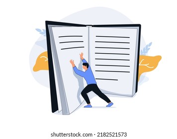 A man, a student or a businessman is flipping over a large book. Vector Illustration Hand drawing doodle style. Textbook for education, literature, dictionaries, encyclopedias, planner with bookmarks
