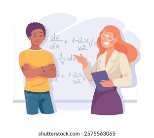 Man Student Character at Blackboard with Woman Teacher at Lesson Vector Illustration