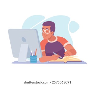 Man Student Character with Book at Computer Screen Learn Lesson Vector Illustration