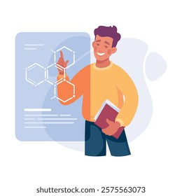 Man Student Character at Interactive Screen with Chemical Formula Vector Illustration