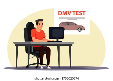 Man student character passing digital online test exam on computer to get driver license sitting at desk. Road rule knowledge checkup. Education, learning, graduate examination at driving school