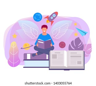 Man student character reading book fairy tale. Imagination education concept. Vector flat graphic design isolated illustration