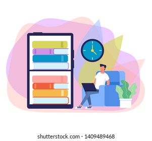 Man student character reading online book. Internet education library concept. Vector flat graphic design cartoon illustration