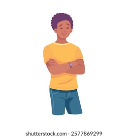 Man Student Character Stand with Folded Arms Vector Illustration