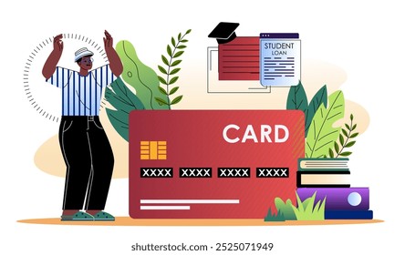 Man with student debt. Young guy holding bank card near stack of books. Education and training, financial deals. Prisoner buried under debt. Flat vector illustration isolated on white background