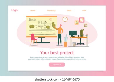 Man Student Doing Presentation and Showing Building Plan on Board Flat Cartoon Banner Vector Illustration. Your Best Project Landing Page. Office Interior with Computer and Paper Sketches.