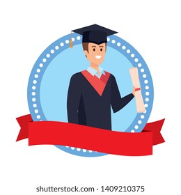 man student graduated with diploma in emblem