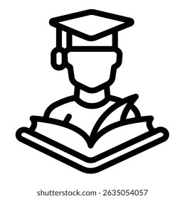 Homem com chapéu de estudante e ícone de linha de livro, conceito de recrutamento de design. Gráficos vetoriais. Jovem com diploma, sinal de educação no fundo branco, estilo móvel ou design