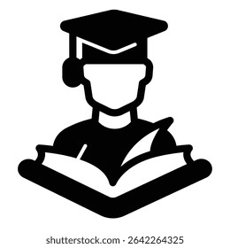 Man with student hat and book solid icon, design recruitment concept. Vector graphics. Young man with diploma, education sign on white background, style mobile or design