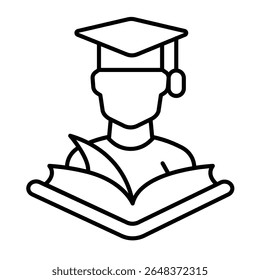 Homem com chapéu de estudante e ícone de linha fina do livro, conceito de recrutamento de design. Gráficos vetoriais. Jovem com diploma, sinal de educação no fundo branco, estilo móvel ou design