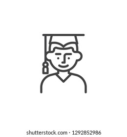 Man student line icon. linear style sign for mobile concept and web design. Young man with graduation hat outline vector icon. Symbol, logo illustration. Pixel perfect vector graphics