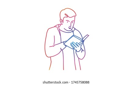 Man or student looks at the book. Rainbow colors in linear vector illustration.