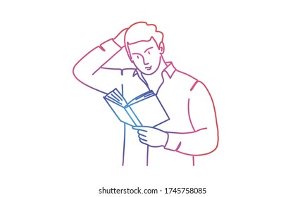 Man or student looks at the book and scratches his head with his hand. Rainbow colors in linear vector illustration.