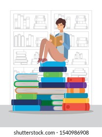 man student reading book character vector illustration design