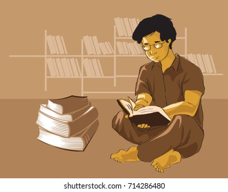 Man student reading book in library, education research and self learning