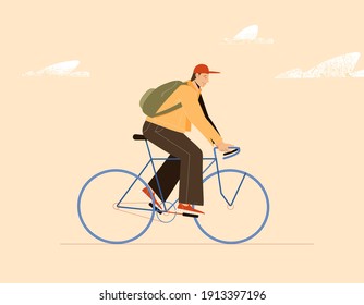 Man or student riding a bike with backpack wearing hat. Vector illustration. 