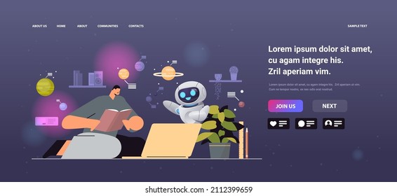 man student with robot using digital webinars on laptop and reading book education artificial intelligence concept