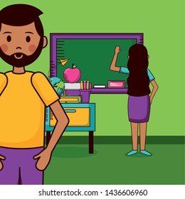 man and student in the room class - teacher day vector illustration