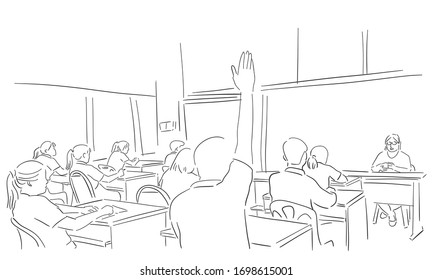 A man student sitting in classroom and raising hand raised ask question.