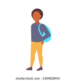 man student standing with backpack african american casual guy male cartoon character full length flat isolated
