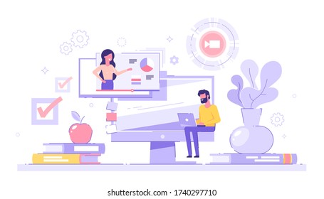 Man student studying at home with his laptop with piles of books and  pc on the background. E-learning, webinar, online video training, distance education concept. Modern vector illustration.