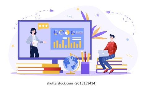 Man student studying at home with his desktop computer with piles of books. Webinar, E-learning, online video training, distance education. Flat cartoon vector illustration