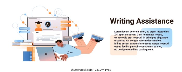 man student typing on laptop with virtual ai assistant writing assistance education concept