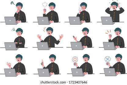 man student uniform laptop computer set