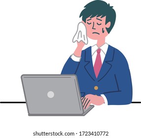 man student uniform laptop computer worried