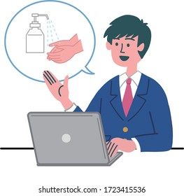 man student uniform laptop computer wash hand sanitizer