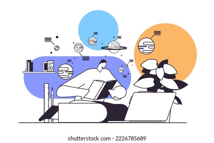 man student using digital webinars on laptop and reading book education or working concept