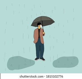 Man or student wearing face mask and using umbrella Preventing Covid-19 Coronavirus Pandemic Outbreak Outdoors.Rainy Weather under Umbrella at Fall Sesons
